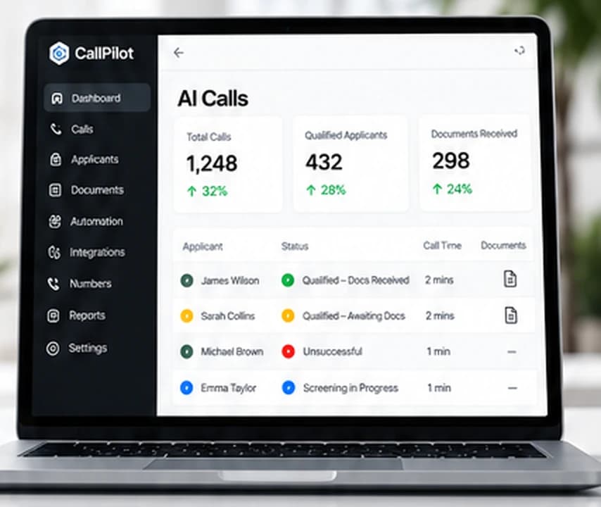 CallPilot AI call agent dashboard showing AI applicant screening calls