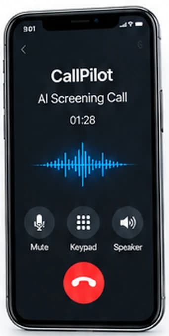 CallPilot AI screening call in progress on a mobile phone